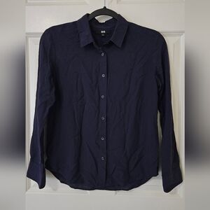 UNIQLO Small Navy Blue Rayon Long Sleeve Blouse